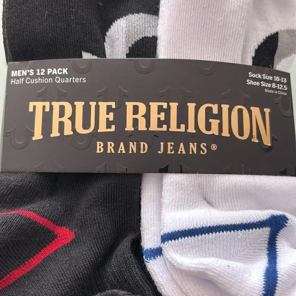 True Religion NWT 12 socks 6 white 6 black with Lago on each sock half cushion